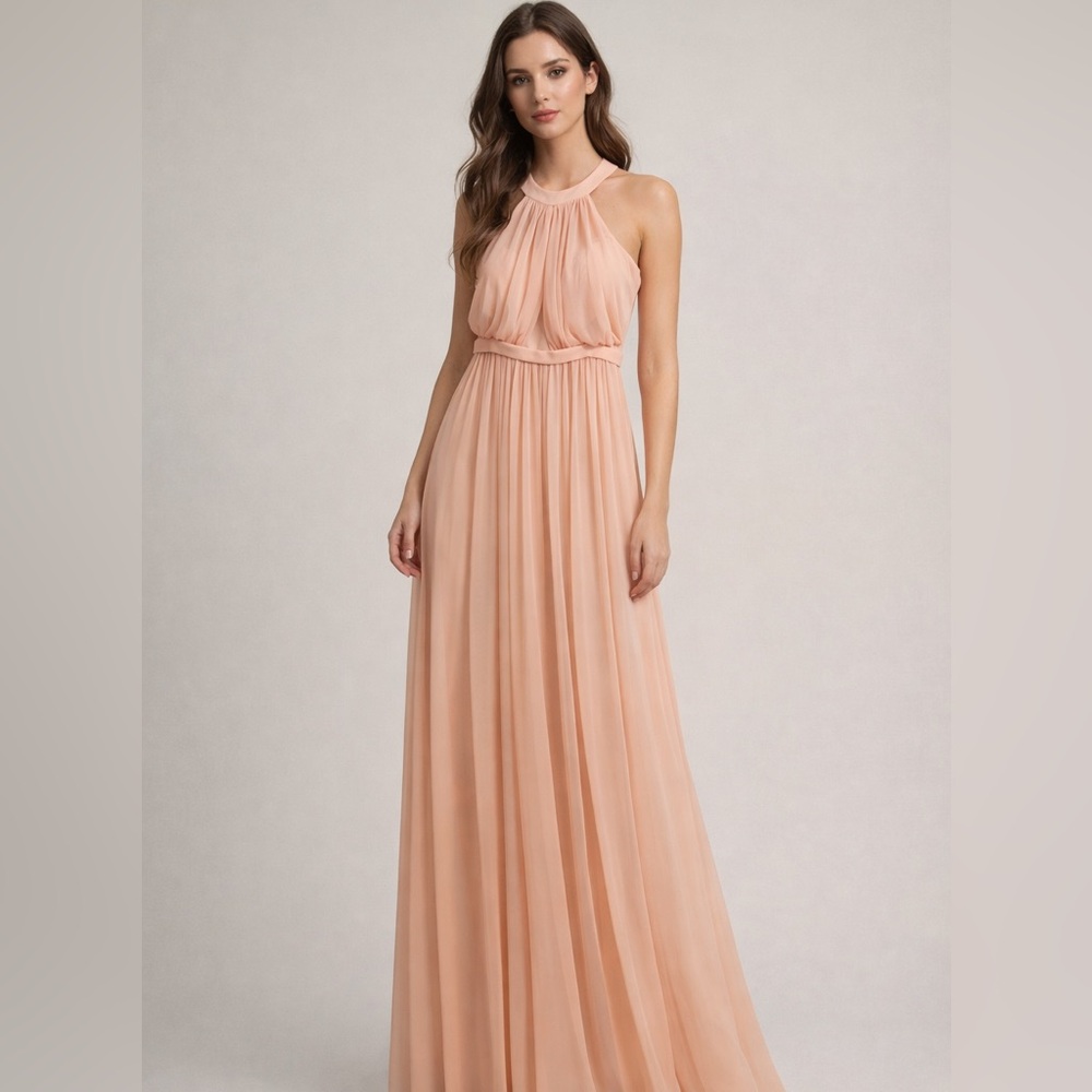 EVA USA Dress Sz S Blush Pink Pleated Halter Floor Length Bridesmaid Formal